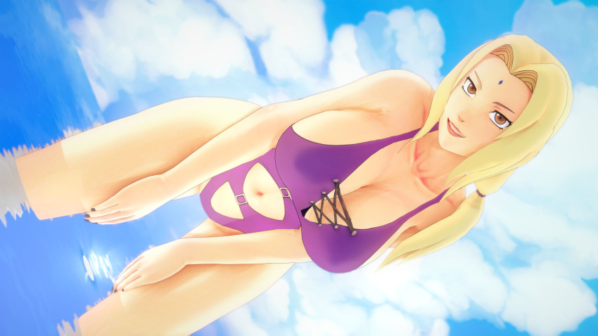 1girls 3d bare_arms bare_legs bare_shoulders bare_thighs bent_over big_breasts blonde_hair breasts brown_eyes catburglaraerin center_opening cleavage facial_mark female female_only fingernail_polish forehead_mark huge_breasts koikatsu large_breasts lipstick looking_at_viewer makeup mature mature_female mature_woman nail_polish naruto naruto_(series) naruto_shippuden one-piece_swimsuit outdoors partially_submerged purple_swimsuit revealing_swimsuit shounen_jump smile solo solo_focus standing swimsuit tied_hair tsunade twintails voluptuous water