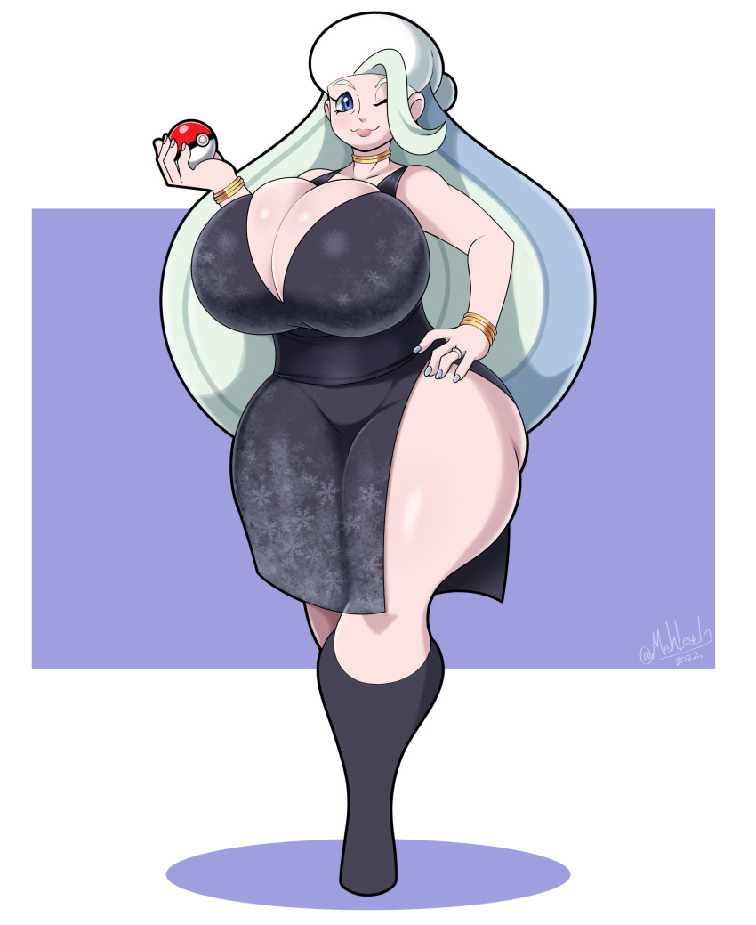 1girls alternate_breast_size belly big_breasts blue_eyes breasts chubby cleavage female_focus female_only game_freak grey_hair huge_breasts large_breasts long_hair mature_female mehdrawings mehlewds melony_(pokemon) milf nintendo pokemon pokemon_ss solo standing thick_thighs thighs voluptuous wide_hips wink