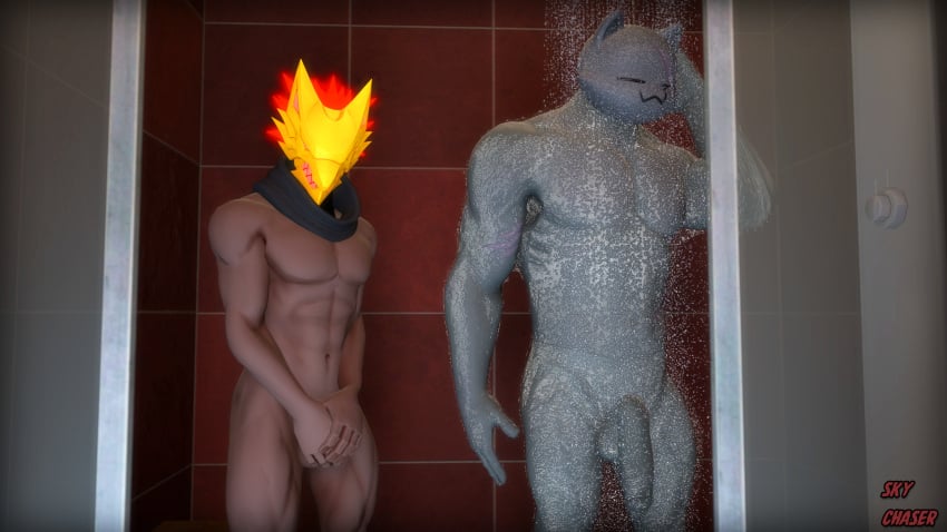 3d_(artwork) anthro balls burning_wolf_(fortnite) canid canine canis digital_media_(artwork) domestic_cat duo epic_games felid feline felis fortnite genitals hand_on_head hand_on_penis hi_res male male/male mammal meowscles_(fortnite) muscular muscular_anthro muscular_male nude penis shadow_meowscles_(fortnite) shower showering shy sky_chaser source_filmmaker video_games wet wolf