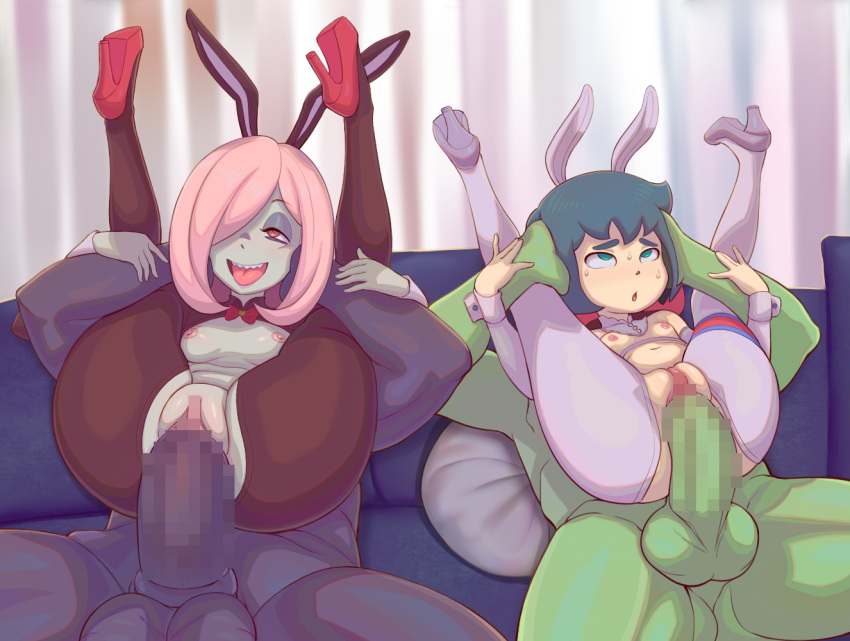 2boys 2girls balls big_penis blue_eyes blue_hair blue_skin breasts bunny_ears bunnysuit censored censored_penis constanze_amalie_von_braunschbank-albrechtsberger couch couch_sex double_full_nelson eco19 full_nelson full_nelson_(legs_held) full_nelson_vaginal green_skin grey_skin high_heels light_skin little_witch_academia long_hair mosaic_censoring pale_skin pantyhose penetration pink_eyes pink_hair red_ribbon reverse_bunnysuit ribbon_choker sex short_hair simple_background small_breasts straight straight_sex sucy_manbavaran vaginal_penetration