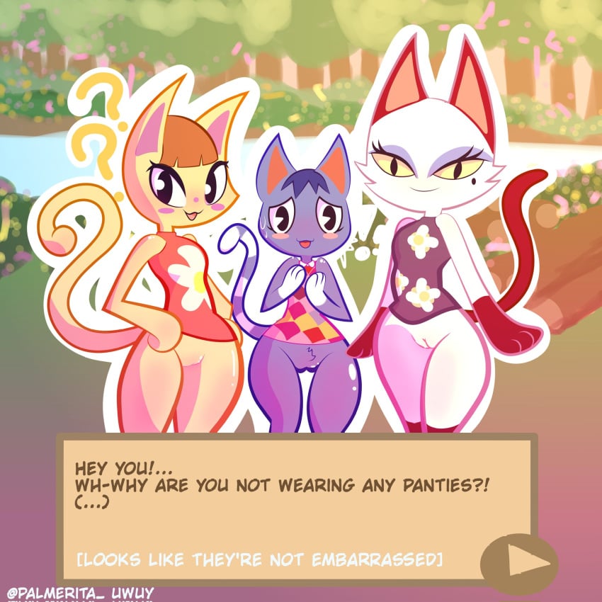 3girls ? animal_crossing blue_fur blushing bottomless casual casual_nudity clothed clothing dialogue domestic_cat dress english_text felid feline felis female female_only fur furry furry_only hi_res looking_at_viewer makeup merry_(animal_crossing) nervous nintendo olivia_(animal_crossing) orange_fur palmerita_uwuy partially_clothed public pussy question_mark rosie_(animal_crossing) smiling sweating tail text topwear trio white_fur wide_hips