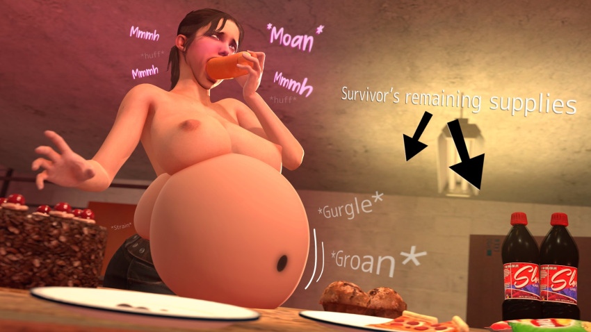 3d belly belly_stuffing big_belly bloated bloated_belly breasts empty_plates female left_4_dead nipples plates sirsaltshaker stuffed stuffed_belly stuffing