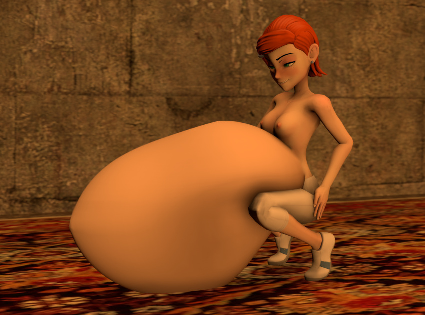 1girls 3d belly ben_10 big_belly breasts cheezycake female female_only green_eyes gwen_tennyson hyper_belly massive_belly nipples oral_vore orange_hair redhead same_size_vore short_hair solo vore