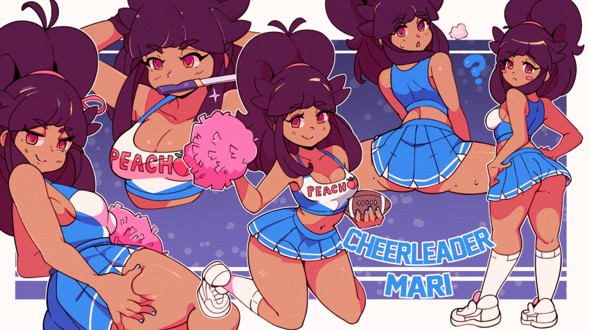 ass breasts brown_hair cheerleader cheerleader_uniform dark-skinned_female dark_skin hand_on_ass knife looking_at_viewer mari mari(tiaramisstsu) pom_poms socks thighs tiaramisstsu voluptuous