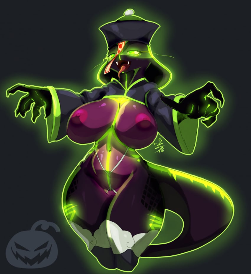 anthro big_breasts black_scales breasts cobra female green_eyes green_scales ineffective_clothing jiangshi looking_at_viewer purple_scales qhala ratherdevious scalie snake solo tagme tongue tongue_out