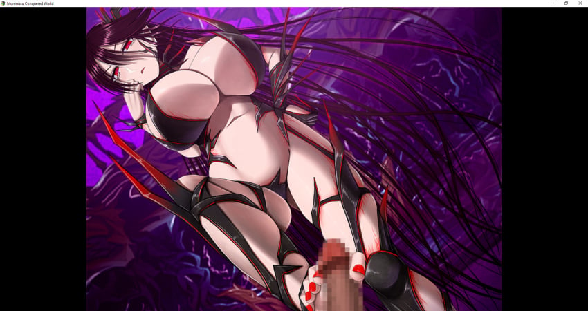 big_breasts black_hair blush dieselmine erect_penis footjob looking_at_penis looking_down mad_face monmusu_conquered_world monster_girl mosaic_censoring red_eyes screenshot stepping_on_penis the_orte toejob visual_novel