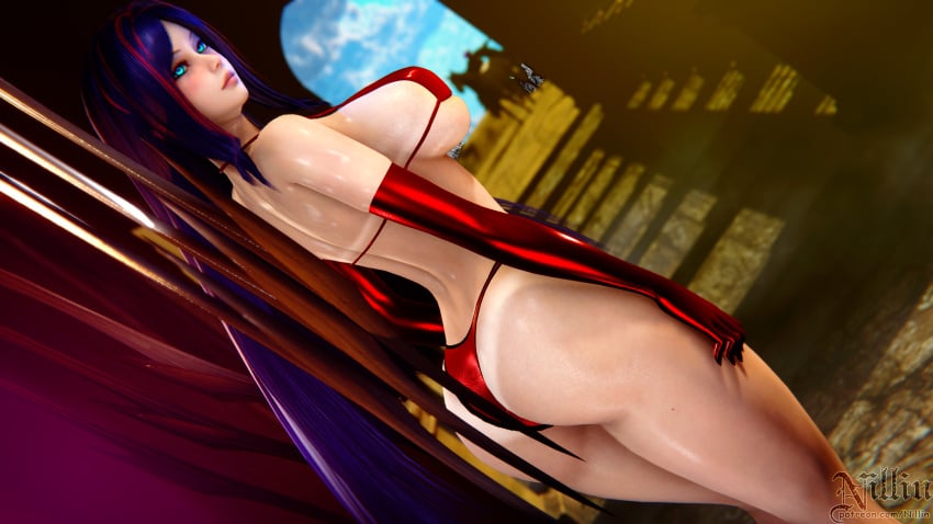 3d blue_hair elbow_gloves from_behind huge_ass huge_breasts irelia_xan league_of_legends long_hair nillin_(artist) purple_hair tanline thick_thighs