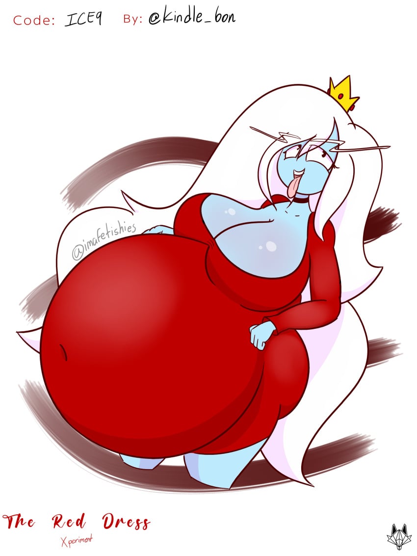 adventure_time belly big_belly big_breasts blue_skin breasts cleavage female huge_belly hyper ice_queen_(adventure_time) imafetish large_belly red_dress tongue_out white_hair