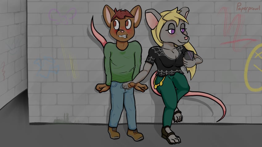 anthro big_ears black_clothing black_shirt black_topwear blonde_hair blue_bottomwear blue_clothing blue_pants blush bottomwear brown_body brown_eyes brown_fur brown_hair casual_sex clenched_teeth clothed clothed_sex clothing denim denim_clothing distracted_sex duo female footwear fur genitals graffiti green_bottomwear green_clothing green_pants green_shirt green_topwear grey_body grey_fur hair handjob hi_res holding_object holding_phone jeans long_hair looking_aside looking_at_object looking_away male male/female mammal murid murine nervous outside pants paperprowl penile penis phone pink_tail purple_eyes rat rodent sandals sex shirt signature teeth topwear wall_(structure)