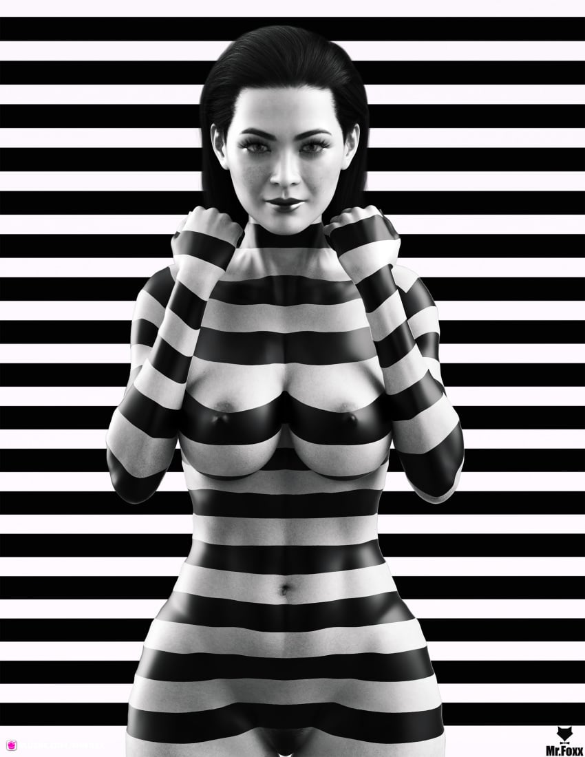 1girls 2021 3d black_and_white female female_only front_view greyscale large_breasts looking_at_viewer mrf0xx nude nude_female slushe_(website) solo solo_female standing striped stripes wide_hips