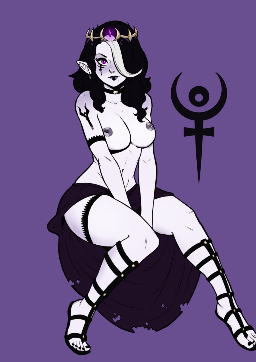 areolae black_hair breasts colored_skin crown female genderbend genderswap greek_mythology hades hades_(mythology) highres large_breasts looking_at_viewer moonlsu mythology nipple_piercing nipples piercing purple_background purple_eyes rule_63 sandals sitting skirt solo tattoo white_skin