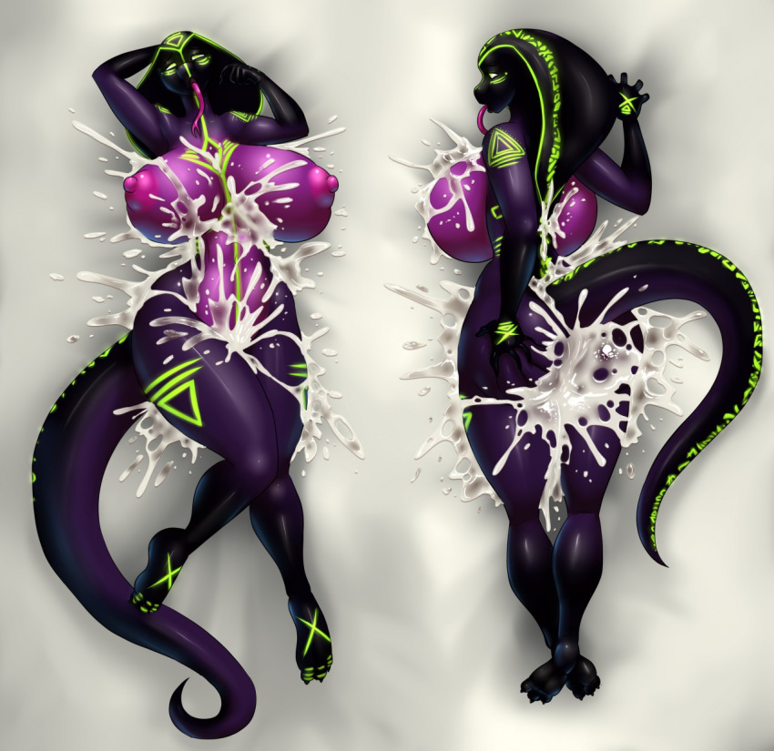 anthro big_breasts black_scales breasts cobra dakimakura dakimakura_design female green_eyes green_scales purple_scales qhala ratherdevious scalie snake solo tagme