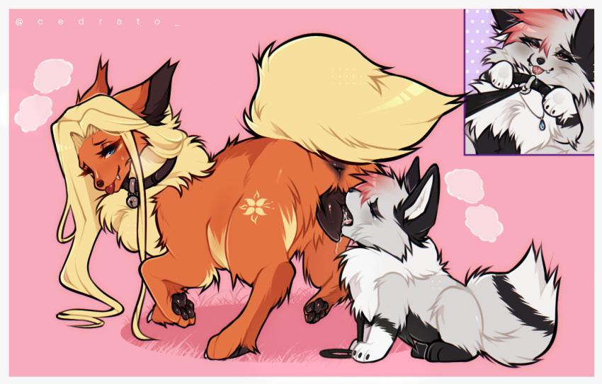 anatomically_correct anatomically_correct_genitalia anatomically_correct_pussy blonde_hair bodily_fluids canid canine cedrato cum cunnilingus duo eevee eeveelution female female/female feral first_person_view flareon genital_fluids genitals hair leash leash_pull leashed_pov long_hair mammal nintendo oral pokémon_(species) pokemon pokemon_(species) pussy sex vaginal_penetration video_games