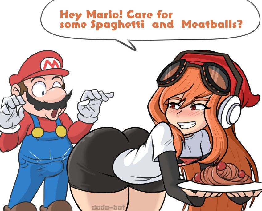 1boy 1girls 2020s 2022 ass blush clothing crossover dodo-bot erection erection_under_clothes female hat heartthrob human_meggy inkling male mario mario_(series) meggy_spletzer orange_hair pog red_eyes shorts smg4 tagme