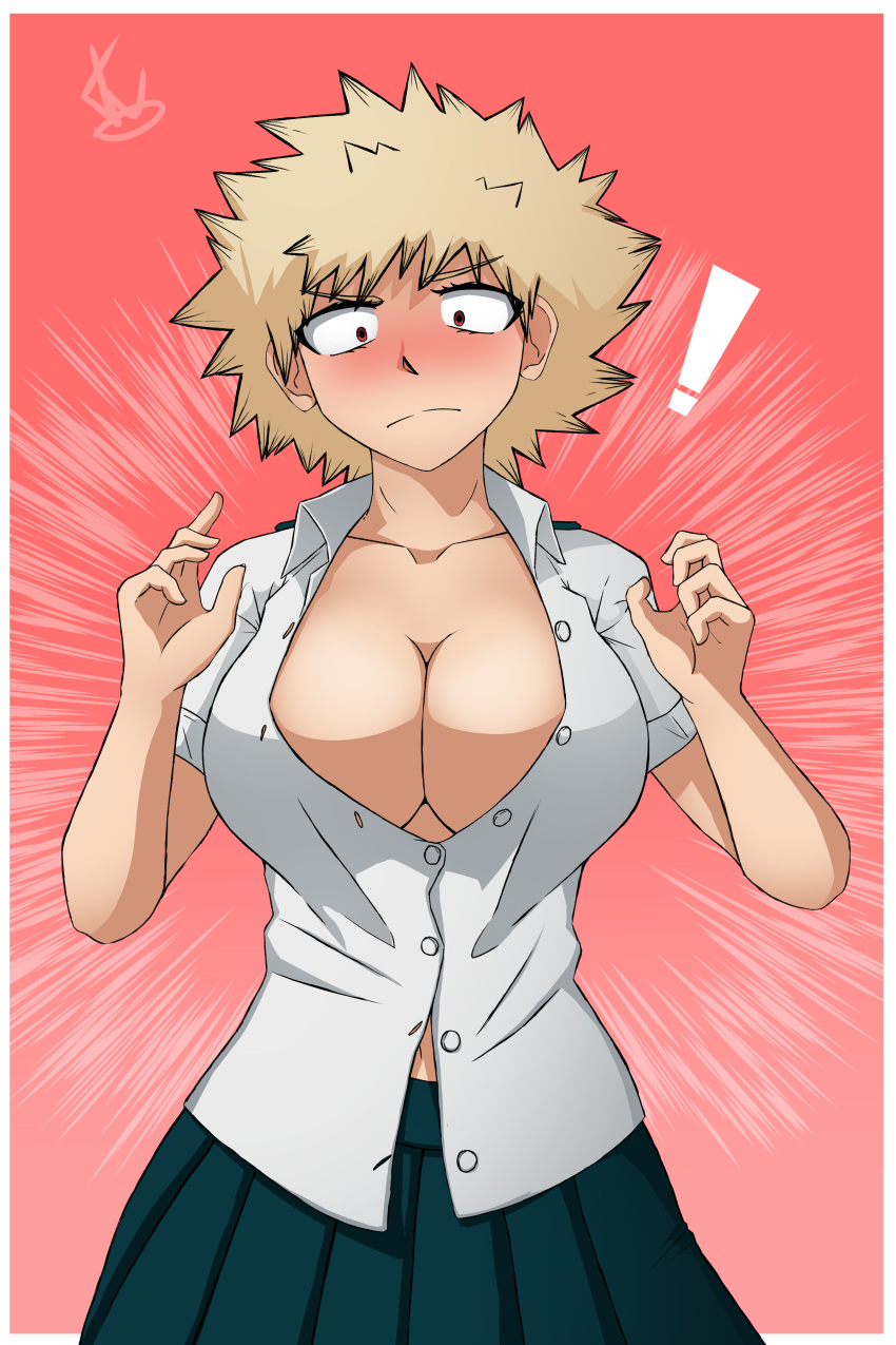 1girls blush bursting_breasts dmitry_77 female_bakugou genderswap_(mtf) katsuki_bakugou large_breasts my_hero_academia red_eyes rule_63 shirt short_hair solo spiky_hair surprised