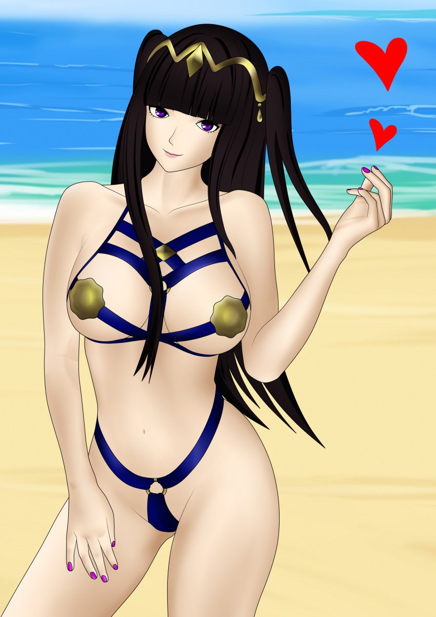 1girls alternate_costume alternate_version_available bangs beach bikini black_hair blue_bikini blue_swimsuit breasts female female_only fire_emblem fire_emblem_awakening large_breasts long_hair looking_at_viewer nail_polish nintendo ocean outdoors pink_nails purple_eyes purple_nails revealing_clothes sae_niijima_(artist) smile solo swimsuit tharja_(fire_emblem) underboob