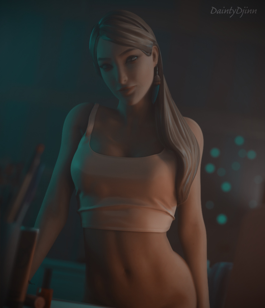 1girls 3d blonde_hair daintydjinn eyelashes eyeshadow female female_only green_eyes life_is_strange light_skin long_hair petite ponytail rachel_amber slim solo square_enix