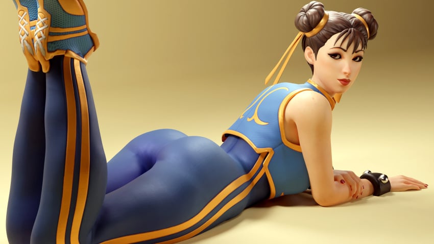 1girls 3d absurd_res ass bent_legs brown_eyes brown_hair capcom chun-li chun-li_(fortnite) dpmaker female female_only fortnite hair_bun hair_buns looking_at_viewer looking_back lying lying_on_stomach red_lipstick solo solo_female spiked_bracelet street_fighter thick_thighs x_redeyes