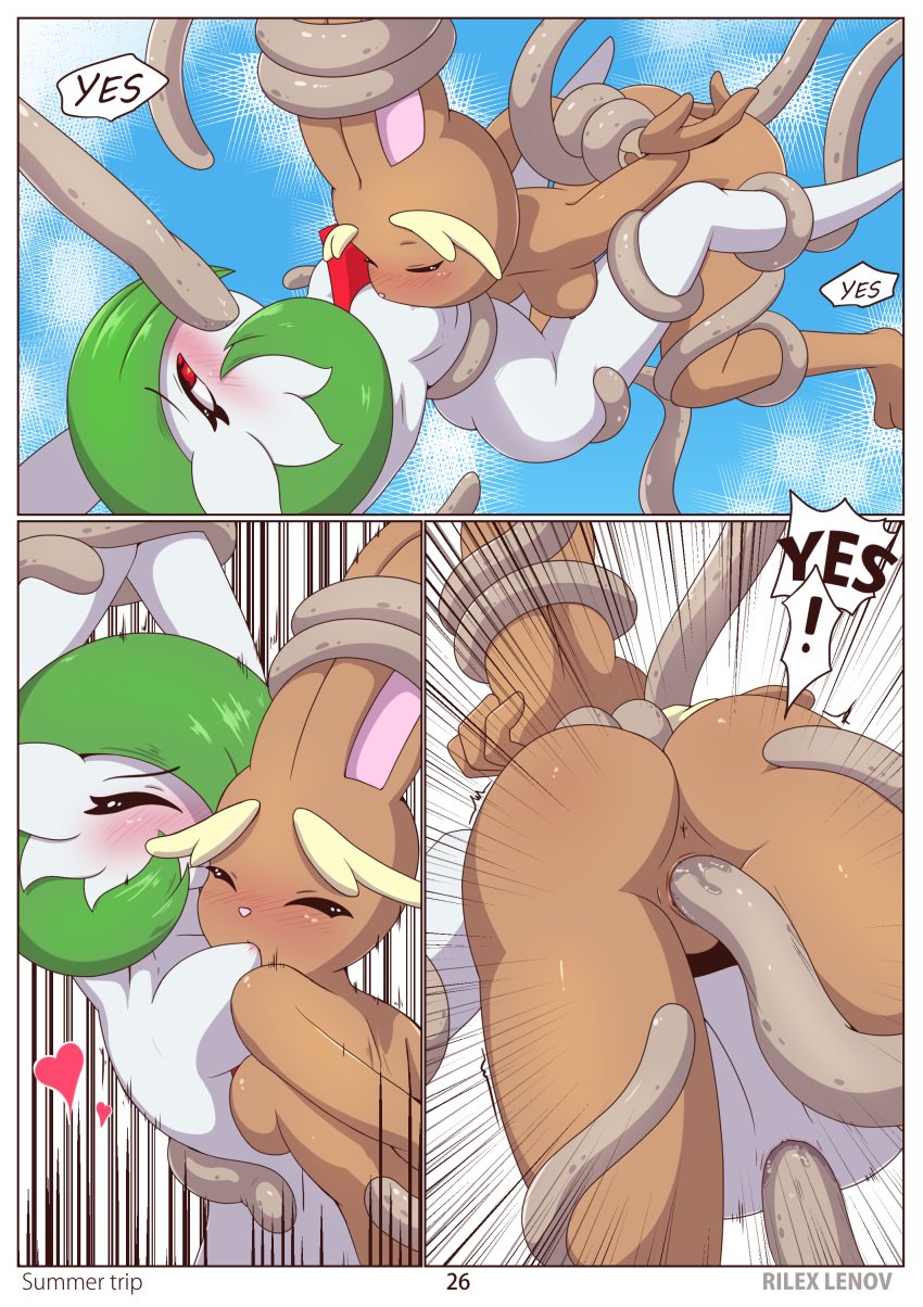 2girls ass blush breasts closed_eyes comic double_penetration english_text female from_behind furry gardevoir green_hair lopunny male_pokemon/female_pokemon nintendo nipples open_mouth oral page_26 penetration pokemon pokemon_(species) pussy restrained rilex_lenov sex short_hair spread_legs summer_trip_(comic) suspension tentacle tentacle_sex tentacruel vaginal_penetration wide_hips yuri