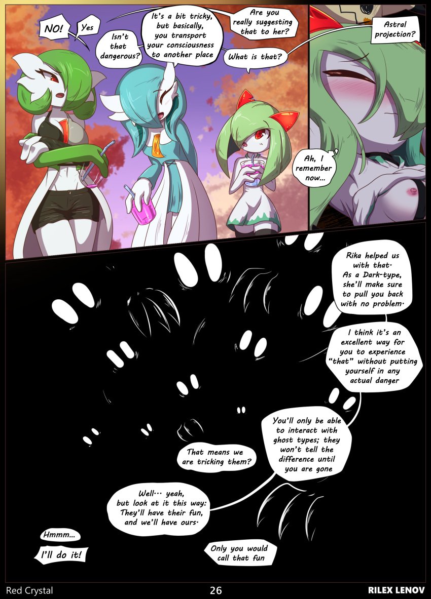 comic dress english_text furry gardevoir green_hair kirlia mimikyu nintendo page_26 pokemon pokemon_(species) red_crystal_(comic) red_eyes rilex_lenov shiny_gardevoir shiny_pokemon short_dress shorts