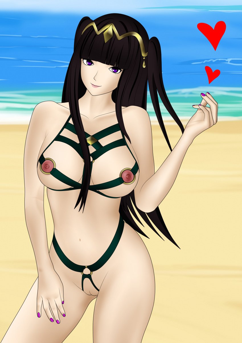 1girls alternate_costume areolae bangs beach bikini black_hair breasts female female_only fire_emblem fire_emblem_awakening green_bikini green_swimsuit large_breasts long_hair looking_at_viewer nail_polish nintendo nipples ocean outdoors pink_nails purple_eyes purple_nails pussy revealing_clothes sae_niijima_(artist) smile solo swimsuit tharja_(fire_emblem) underboob