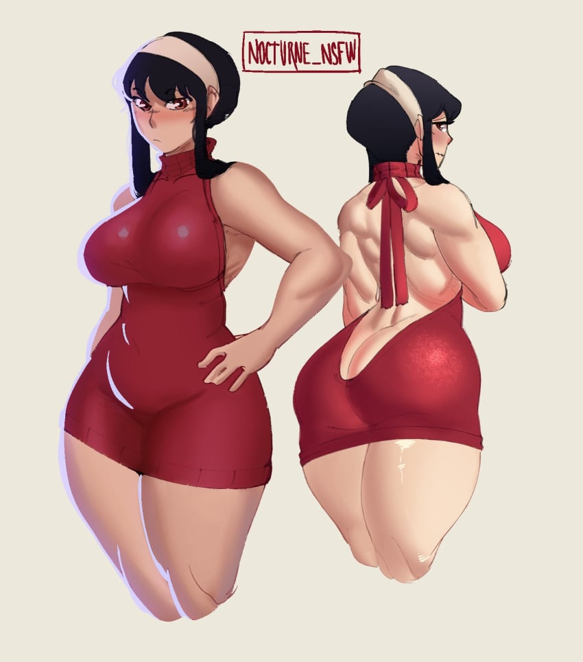 1girls ass ass_cleavage big_ass big_breasts big_butt blush breasts butt_crack eye_contact female looking_at_viewer milf nocturne_nsfw solo spy_x_family standing thick_thighs tight_clothing tight_dress virgin_killer_sweater voluptuous wide_hips yor_briar