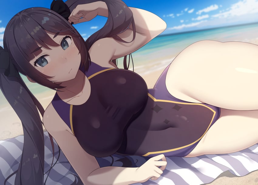 1girls 2022 alternate_breast_size beach black_hair breasts female female_only genshin_impact hair_ornament hips large_breasts long_hair looking_at_viewer lying_on_side mona_(genshin_impact) one-piece_swimsuit outdoors samegami slim_waist thick_thighs thighs twintails wide_hips