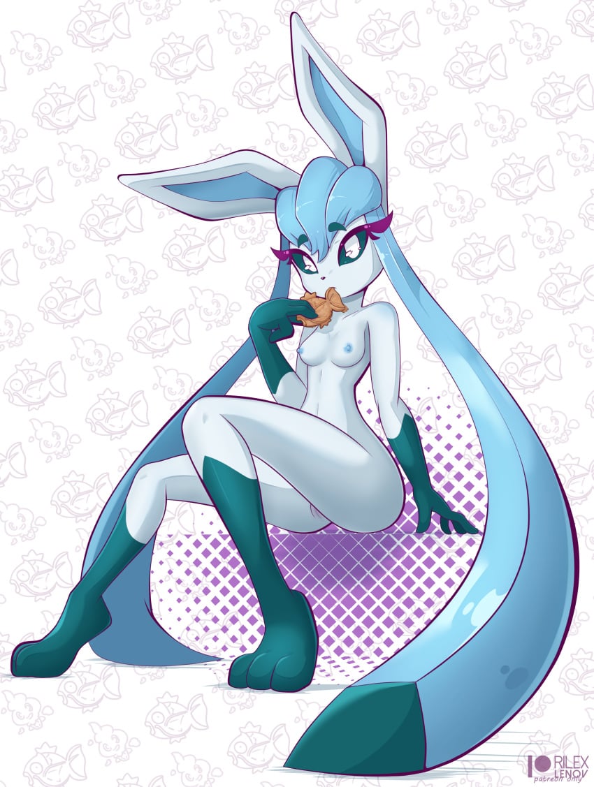 aki_(rilex_lenov) animal_ears anthro anthrofied blue_hair breasts cookie eating eeveelution eyelashes female fur furry furry_only game_freak glaceon hair naked nintendo nude pokemon pokemon_(species) pussy rilex_lenov tail white_eyes