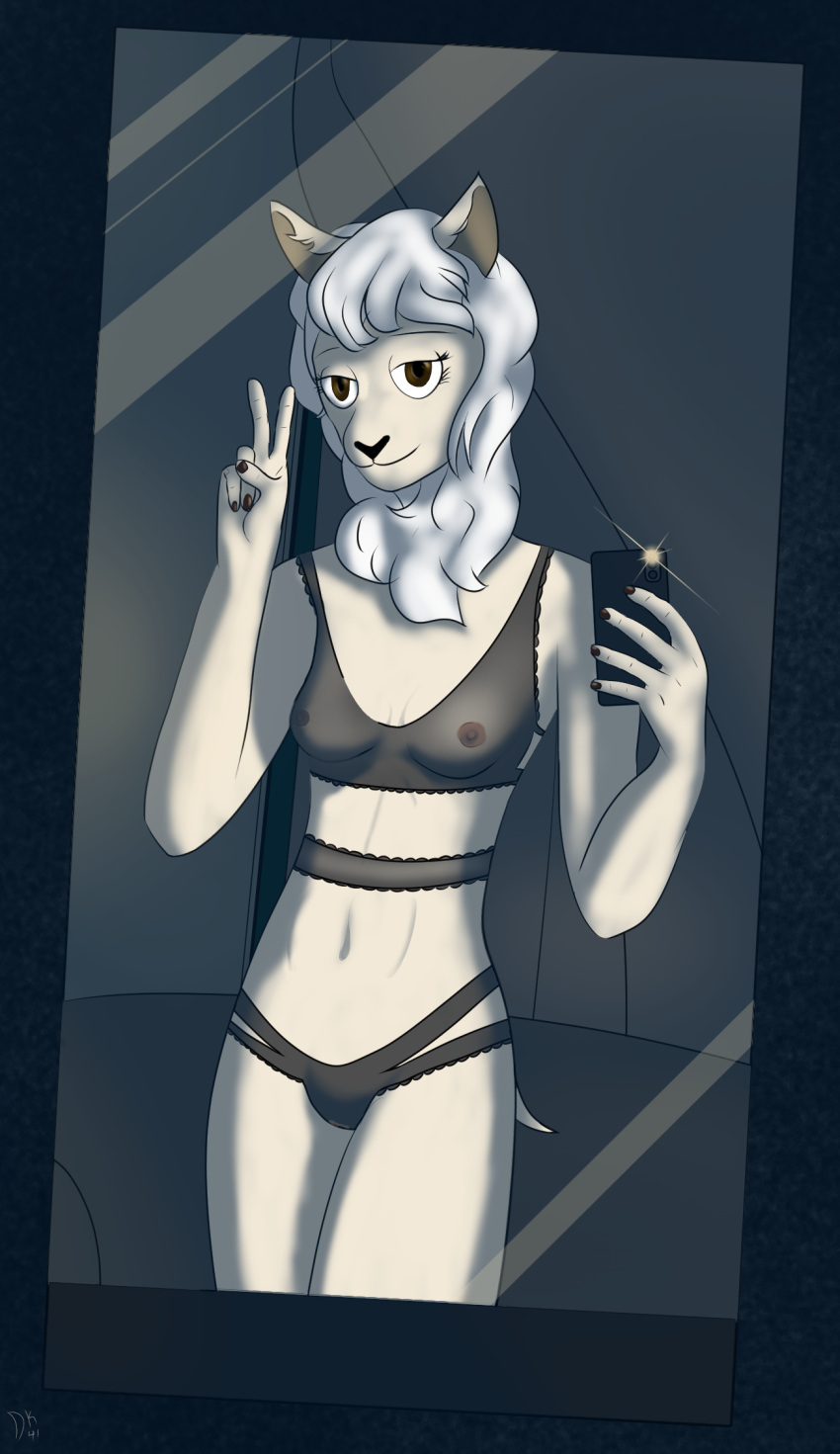 beastars bovid breasts camera_flash caprine clothing dark_body dkside41 erect_nipples female genitals gesture hi_res lingerie mammal mirror navel nipples nipples_through_clothes pussy sebun_(beastars) selfie sheep small_breasts smile solo sphone standing translucent v_sign