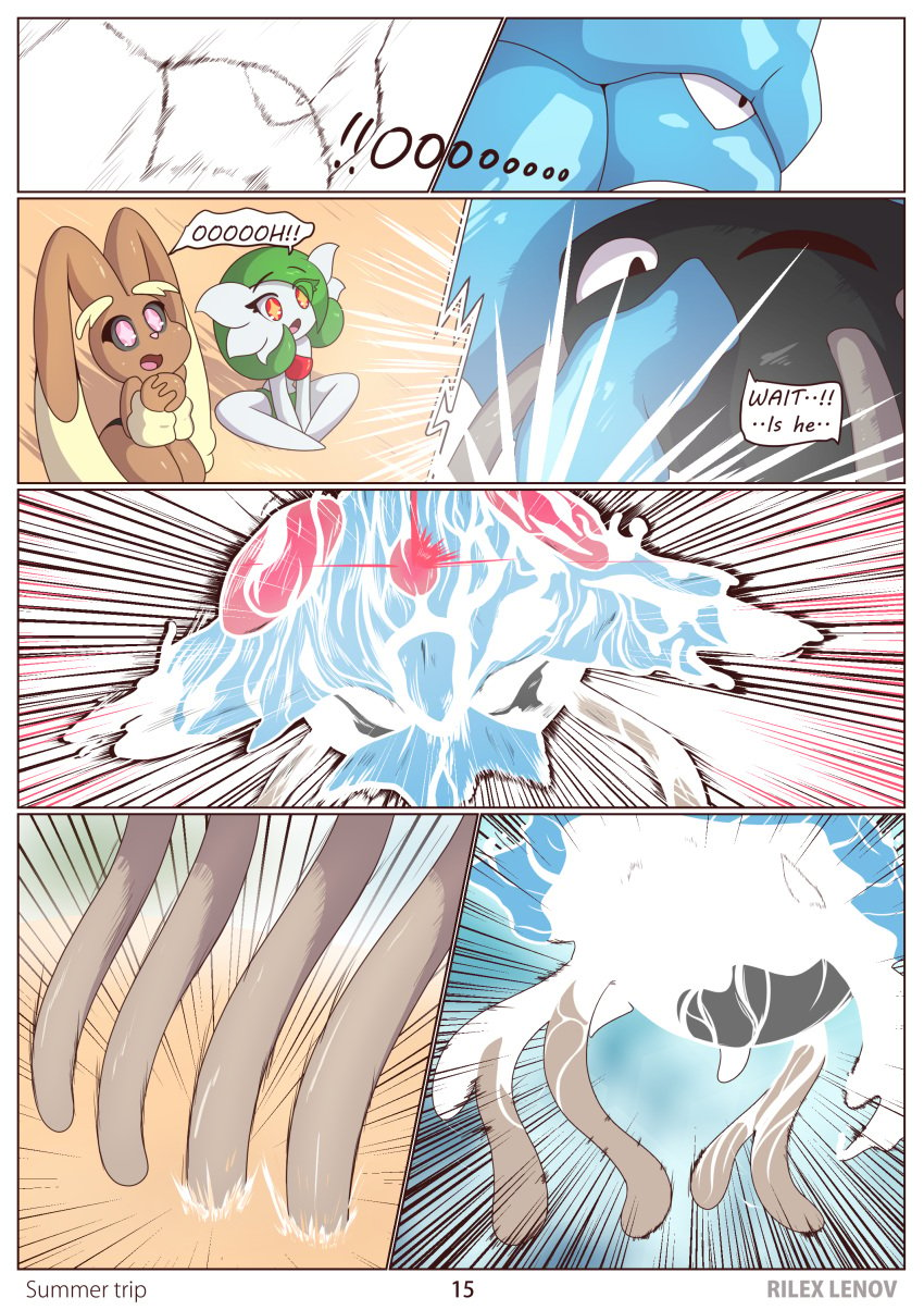 2girls beach bikini comic english_text furry gardevoir green_hair lopunny nintendo page_15 pokemon pokemon_(species) rilex_lenov summer_trip_(comic) tentacle tentacool tentacruel