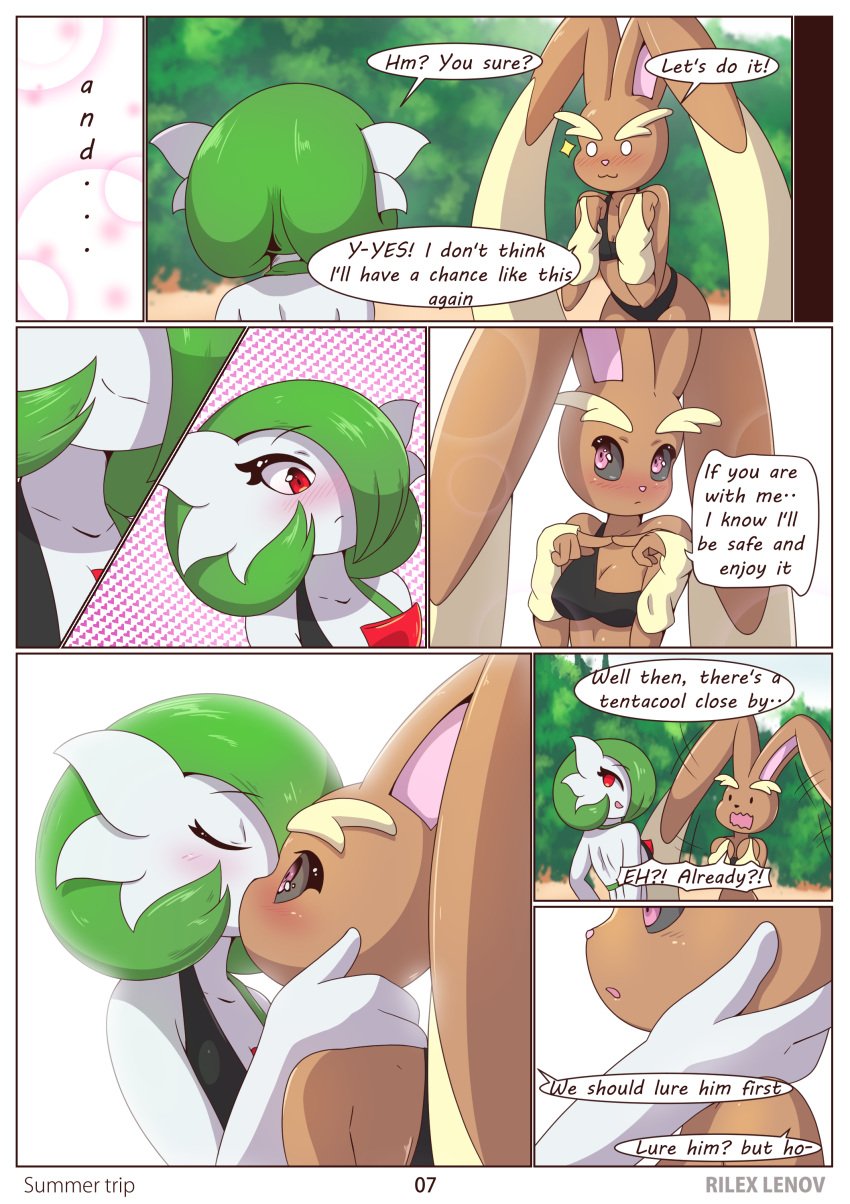 2girls bikini blushing comic english_text furry gardevoir green_hair kissing lopunny nintendo page_7 pokemon pokemon_(species) right_to_left rilex_lenov summer_trip_(comic)