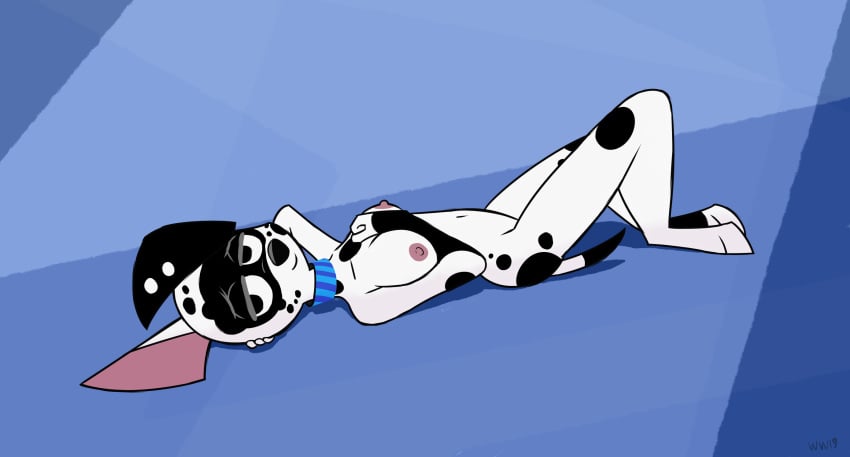 101_dalmatian_street 101_dalmatians anthro bedroom_eyes breasts canid canine canis collar dalmatian disney dizzy_(101_dalmatians) domestic_dog female half-closed_eyes hi_res looking_at_viewer lying mammal nipples on_back seductive simple_background smile solo spots whitewolf20xx