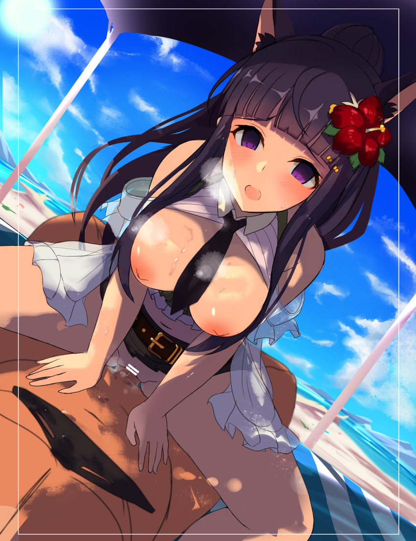 absurdres animal_ears bangs bar_censor beach belt bikini_bottom_removed blush breasts censored cowgirl_position cowgirl_position dog_ears flower hair_flower hair_ornament highres kasumi_(princess_connect!) large_breasts looking_at_viewer navel necktie nipples official_alternate_costume open_mouth parasol penis ponytail princess_connect! purple_eyes purple_hair pussy sex shade shore sky steam straddling sunlight swimsuit towel umbrella vaginal_penetration yodori