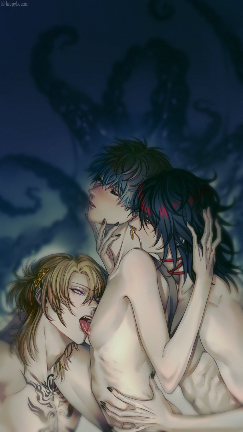 3boys biting_neck black_hair black_nails blonde_hair blue_hair earrings gay hair_ornament happylessor ike_eveland licking_chest luca_kaneshiro male male_only mmm_threesome naked necklace nijisanji nijisanji_en nipple_licking pale_skin shoulder_length_hair tattoo threesome toned two_tone_hair virtual_youtuber vox_akuma yaoi