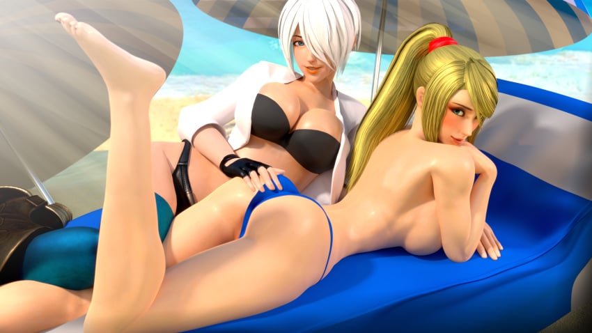 2girls 3d adeptusinfinitus angel_(kof) ass ass_grab beach big_breasts bikini blender blonde_hair blush fit king_of_fighters metroid no_bra ponytail samus_aran short_hair topless topless_female white_hair yuri