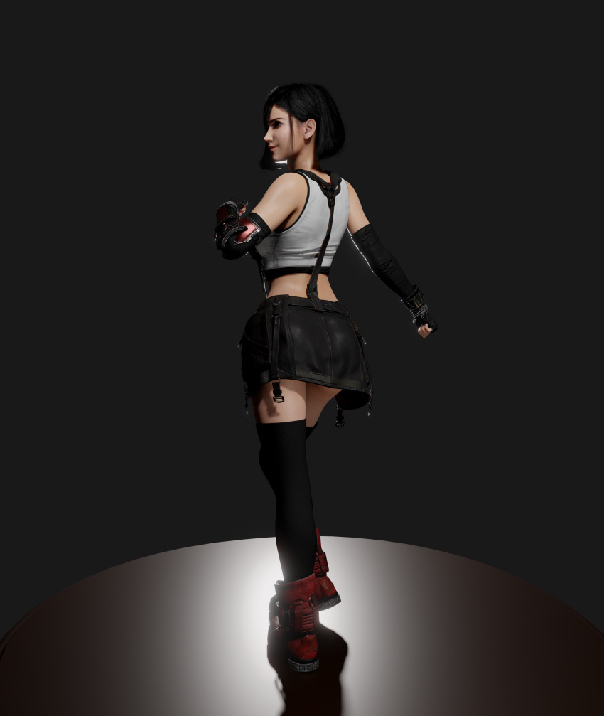 1girls 3d black_hair blender blender_(software) boots clothed dark_background female final_fantasy final_fantasy_vii final_fantasy_vii_remake gloves shoes short_hair skirt sora_black sports_bra tank_top thighhighs tifa_lockhart