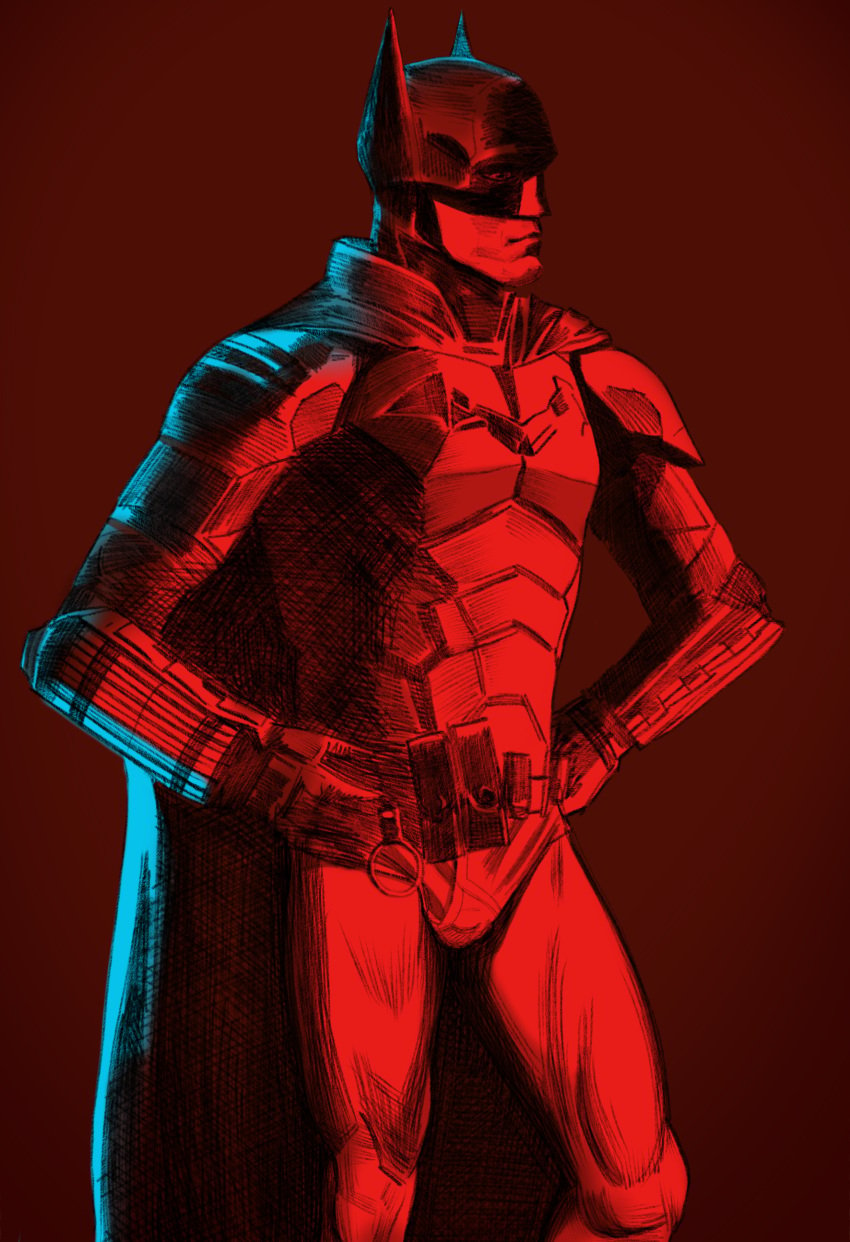 armor balls batman_(series) clothed dc digital_media_(artwork) gay long_hair looking_away male male_only mask muscular penis robert_pattinson seductive showing_off simple_background standing underwear undressing yaoi