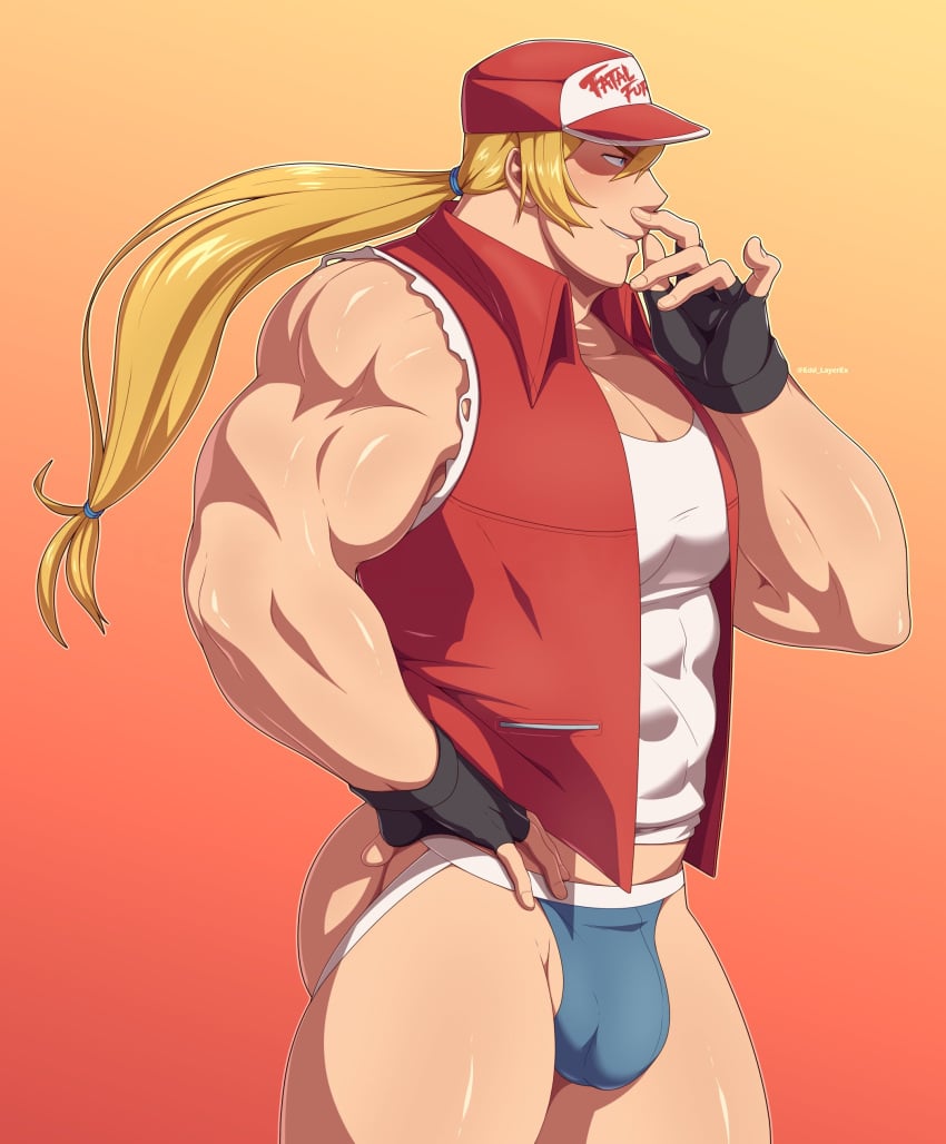 1boy abs bara big_breasts blonde_hair blonde_hair_on_brown_hair blonde_hair_top blue_eyes brown_hair brown_hair_bottom domination edd_layerex fatal_fury gay gloves hat jacket king_of_fighters light_hair_on_dark_hair male male_only muscular muscular_male ponytail shirt smile smiling snk terry_bogard underwear video_games