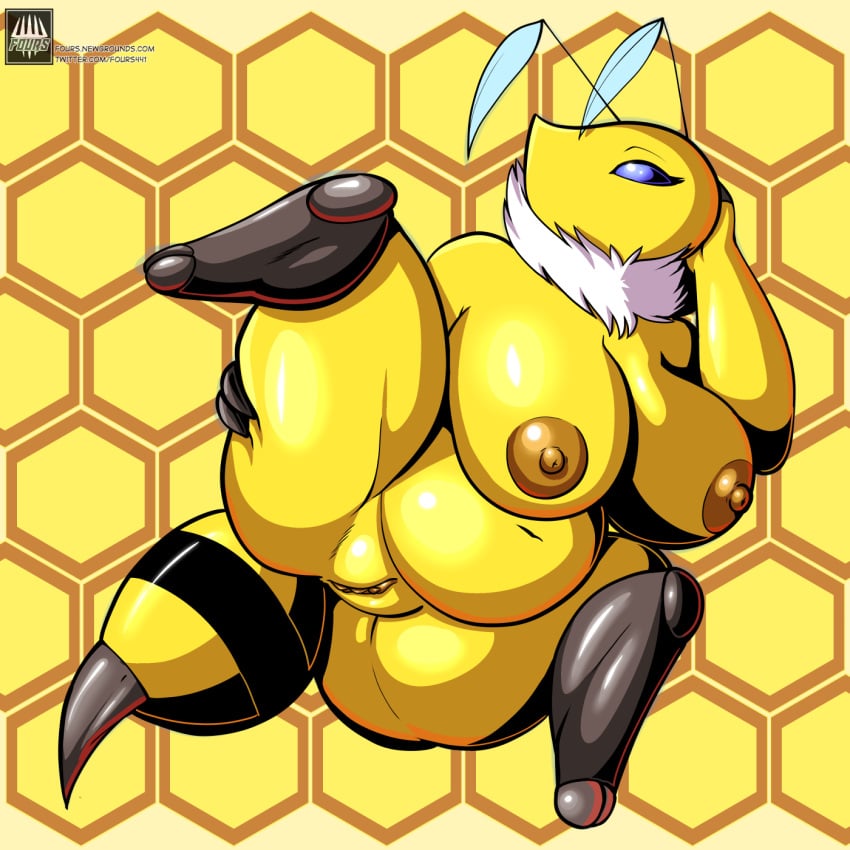 anthro arthropod bee bee_stinger belly big_breasts breasts brown_nipples cel_shading female fours_(artist) genitals hi_res holding_leg hymenopteran insects meredith_(thespanker) mouthless nipples pussy shaded short_stack shortstack slightly_chubby solo yellow_body yellow_skin