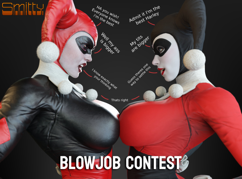 2girls 3d 3d_(artwork) arguing ass_envy ass_vs_breasts batman:_arkham_knight batman_(series) big_breasts blender_(software) bodysuit bottom_heavy breast_envy breast_press breast_size_difference breast_to_breast busty butt_size_difference clones comparing comparing_asses comparing_breasts comparison contest dc dc_comics dialogue domino_mask female female_only harley_quinn harley_quinn_(arkham) harley_quinn_(arkham_knight) harley_quinn_(classic) harley_quinn_(injustice) injustice_2 large_breasts pushing_breasts_together selfcest smitty34 square_crossover supervillainess symmetrical_docking tagme text titfight top_heavy villain