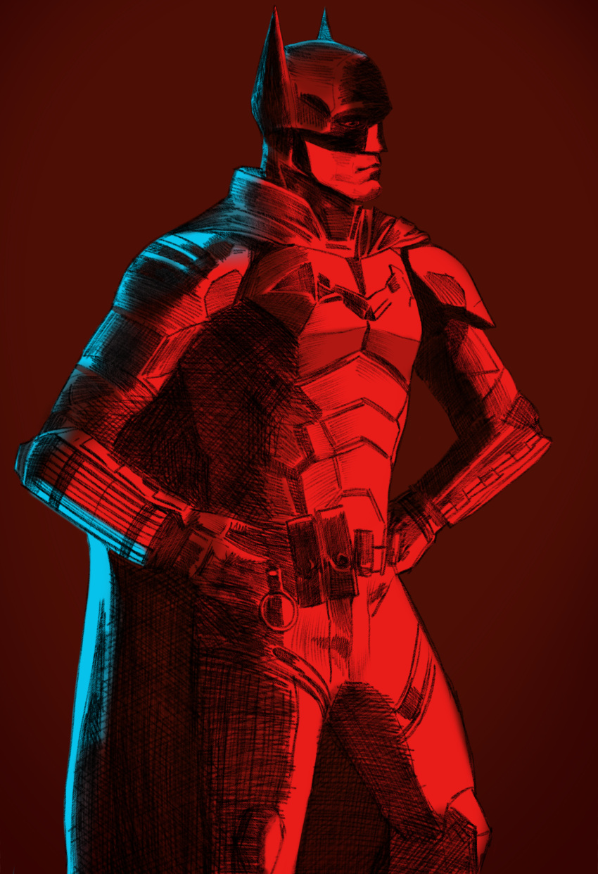 armor batman_(series) clothed dc digital_media_(artwork) gay long_hair looking_away male male_only mask muscular robert_pattinson seductive showing_off simple_background standing undressing yaoi