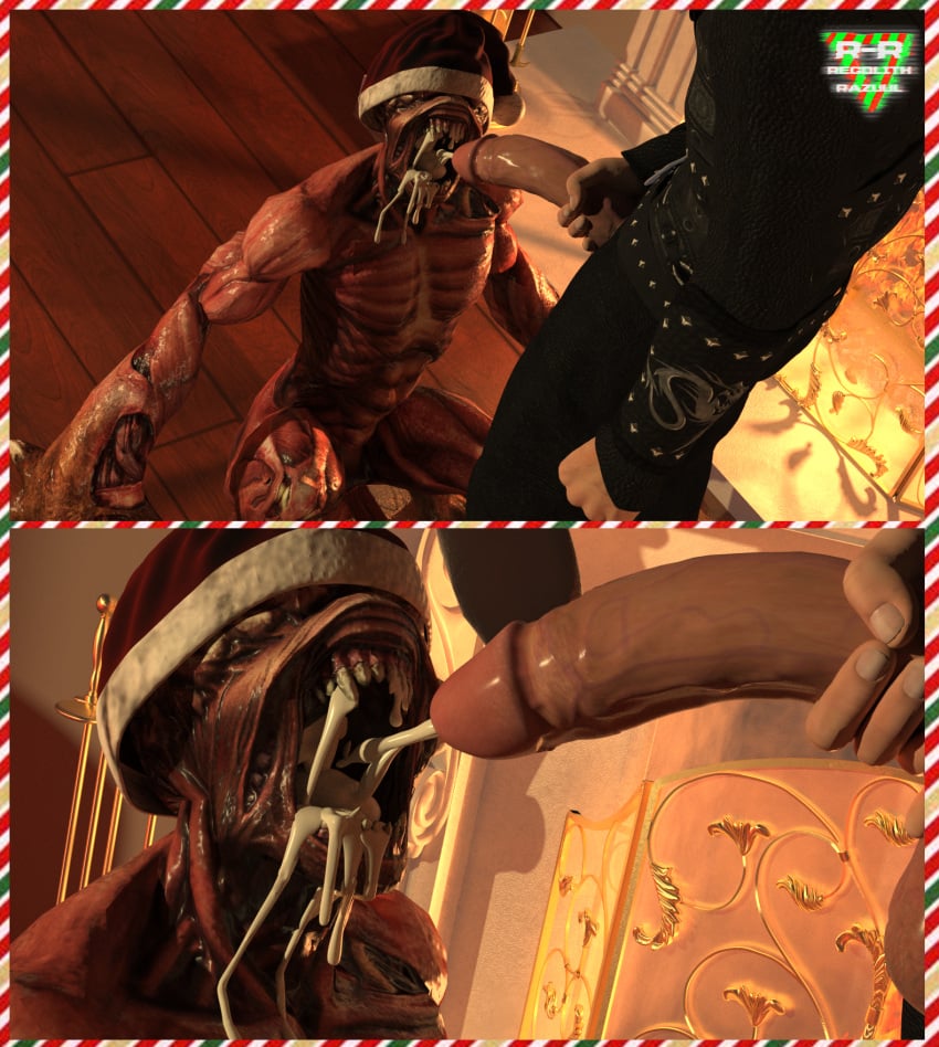 2boys balls big_penis capcom christmas claws creature cum_in_mouth cum_on_face cumming dick ejaculation erection fangs gay human_on_anthro human_on_humanoid humanoid hung licker licking_penis male male/male male_only monster monstrous_humanoid muscular on_knees open_mouth r-a-s-p_(artist) resident_evil resident_evil_3 santa_hat sex swallowing tongue