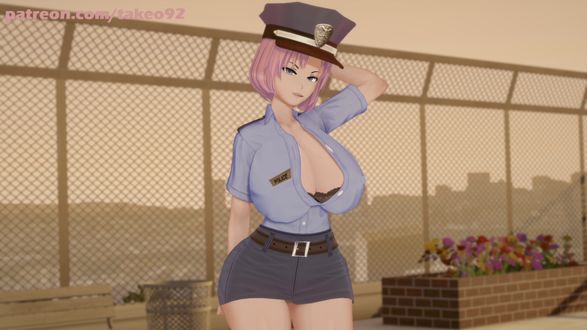 1girls 3d 3d_(artwork) arms_behind_back arms_behind_head big_breasts bra bra_cups_sticking_out button_down_shirt cityscape cleavage curvaceous curvy erect_nipples erect_nipples_under_clothes evening female female_only huge_breasts koikatsu large_breasts looking_at_viewer mature mature_female miniskirt nipples_visible_through_clothing open_mouth original original_character pink_hair pinup pinup_pose police police_hat police_uniform purple_eyes revealing_clothes rooftop sagging_breasts seductive seductive_look shirt short_hair skimpy skimpy_clothes solo solo_female sunset takeo92 text thick_thighs tight_clothing topwear valeria_(takeo92) voluptuous wide_hips