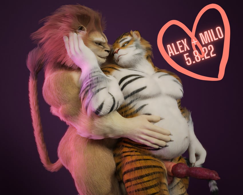 absurd_res animal_humanoid anthro duo father felid felid_humanoid heart hi_res humanoid kiliminstra lgbt_pride lion love male male/male mammal mammal_humanoid mother pantherine parent pregnant pregnant_male romantic romantic_ambiance romantic_couple tiger