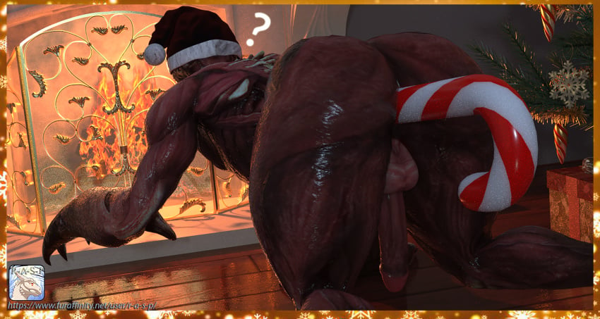 3d anthro anthro_penetrated ass balls big_thighs christmas creature dick femboy fireplace gay humanoid humanoid_genitalia humanoid_penis licker male male_only male_penetrated monster monstrous_humanoid nude r-a-s-p_(artist) resident_evil resident_evil_3 santa_hat