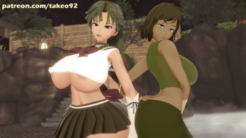 2girls 3d alternate_costume areola areola_slip arm_behind_back ass_cheeks ass_cleavage ass_grab ass_to_ass avatar_legends big_ass big_breasts bishoujo_senshi_sailor_moon blue_eyes breasts_bigger_than_head bubble_butt butt_crack cleavage clothing crossover curvaceous curvy dark-skinned_female dark_skin erect_nipples erect_nipples_under_clothes fat_ass female female_only green_hair hot_spring huge_ass huge_breasts koikatsu korra large_ass large_breasts long_hair looking_at_viewer mature mature_female nipples_visible_through_clothing onsen pinup pinup_pose purple_eyes revealing_clothes sailor_collar sailor_pluto seductive seductive_look setsuna_meiou short_hair sideboob skimpy skimpy_clothes skirt slutty_outfit smooth_skin spa takeo92 text the_avatar the_legend_of_korra thick_ass thick_thighs tight_clothing underboob very_long_hair voluptuous water_tribe wide_hips