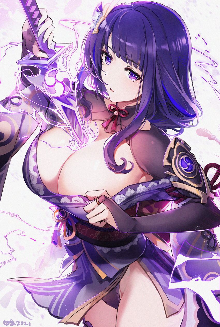 1girls arm_guards baisi_shaonian bangs blunt_bangs breasts bridal_gauntlets cleavage curvy drawing_sword electricity female female_only genshin_impact highres holding holding_sword holding_weapon hourglass_figure huge_breasts human_scabbard japanese_clothes kimono large_breasts mitsudomoe_(shape) mole mole_under_eye musou_isshin_(genshin_impact) neck_ribbon obi parted_lips purple_eyes purple_hair purple_kimono raiden_shogun ribbon round_breasts sash solo sword thick_thighs thighhighs tomoe_(symbol) vision_(genshin_impact) weapon wide_sleeves