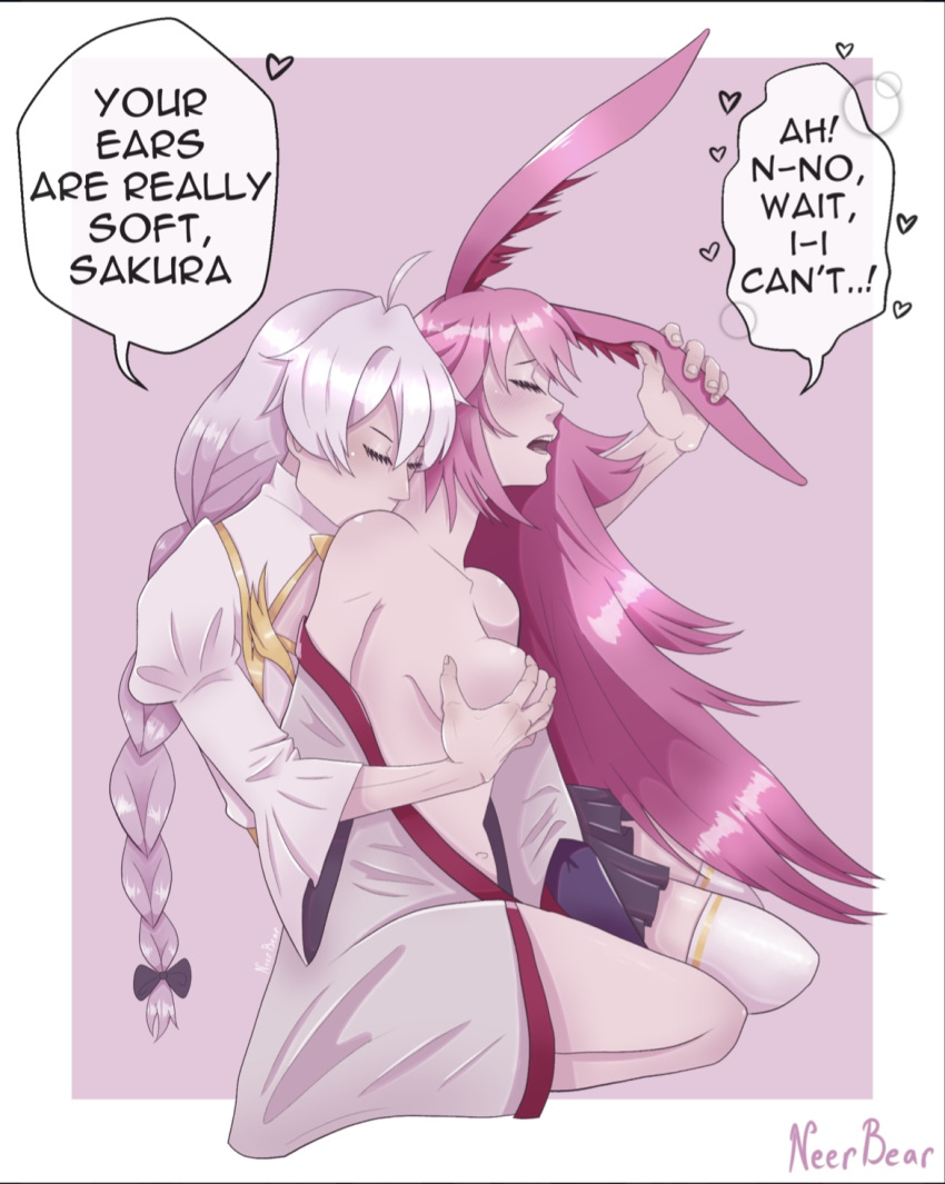 2girls braid braided_hair breasts closed_eyes ear female female_only fondling fondling_breast fox_ears fox_girl grope groping groping_breasts groping_from_behind honkai_(series) honkai_impact_3rd kallen_kaslana kissing_shoulder kitsune lesbian_sex lesbians long_hair neerbear open_mouth partially_clothed pink_hair pleasure_face sensitive silver_hair yae_sakura yuri