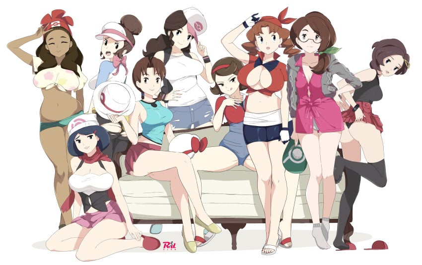 9girls alternate_breast_size artist_name artist_signature ass bare_legs big_breasts blue_eyes blue_hair breast_size_difference breasts brown_eyes brown_hair cleavage clothed clothed_female clothing couch dark-skinned_female dark_skin dawn_(pokemon)_(cosplay) day delia_ketchum_(pokemon) female_only gloria_(pokemon)_(cosplay) grace_(pokemon) group hat hi_res hilda_(pokemon)_(cosplay) huge_breasts interracial johanna_(pokemon) large_breasts leaf_(pokemon) light-skinned_female light_skin long_hair looking_at_viewer lyra_(pokemon)_(cosplay) mature mature_female may_(pokemon)_(cosplay) medium_breasts midriff milf mother mother's mother_(pokemon_bw) mother_(pokemon_bw2) mother_(pokemon_hgss) mother_(pokemon_rgby/frlg) mother_(pokemon_sm) mother_(pokemon_ss) multiple_girls nintendo on_knees outfit_swap pokemon pokemon_bw pokemon_bw2 pokemon_dppt pokemon_frlg pokemon_hgss pokemon_rgby pokemon_rse pokemon_sm pokemon_ss pokemon_xy r3dfive red_nails rosa_(pokemon)_(cosplay) sandals selene_(pokemon)_(cosplay) serena_(pokemon)_(cosplay) short_hair simple_background small_breasts smile standing thick_thighs thighhighs toenail_polish toenails too_small_clothes wearing_daughter's_clothes white_background