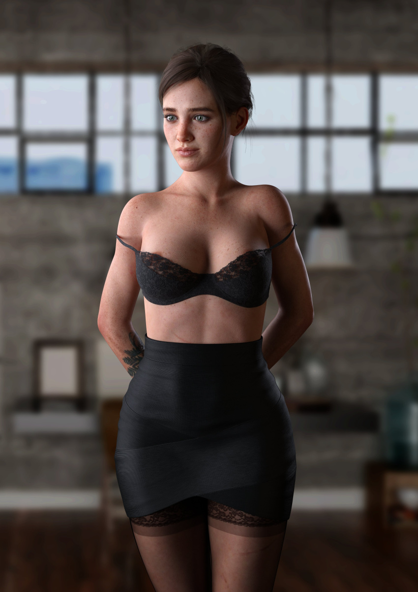 3d bra business_suit business_woman busty ellie_(the_last_of_us) ellie_williams female female_focus female_only hands_behind_back hourglass_figure naughty_dog office_lady pose posing secretary skirt standing stockings the_last_of_us the_last_of_us_2 tied_hair viaphobia wide_hips